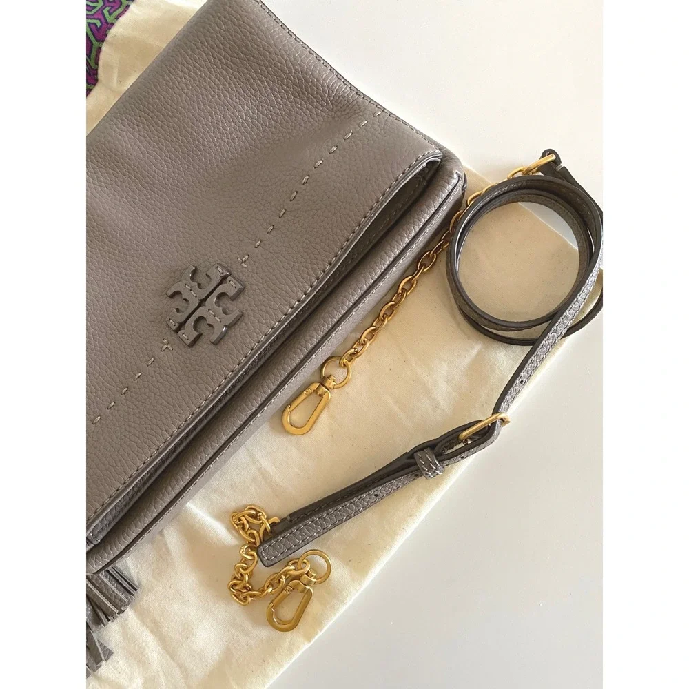 Tory Burch‎ McGraw Foldover Leather Crossbody Bag Gray Taupe